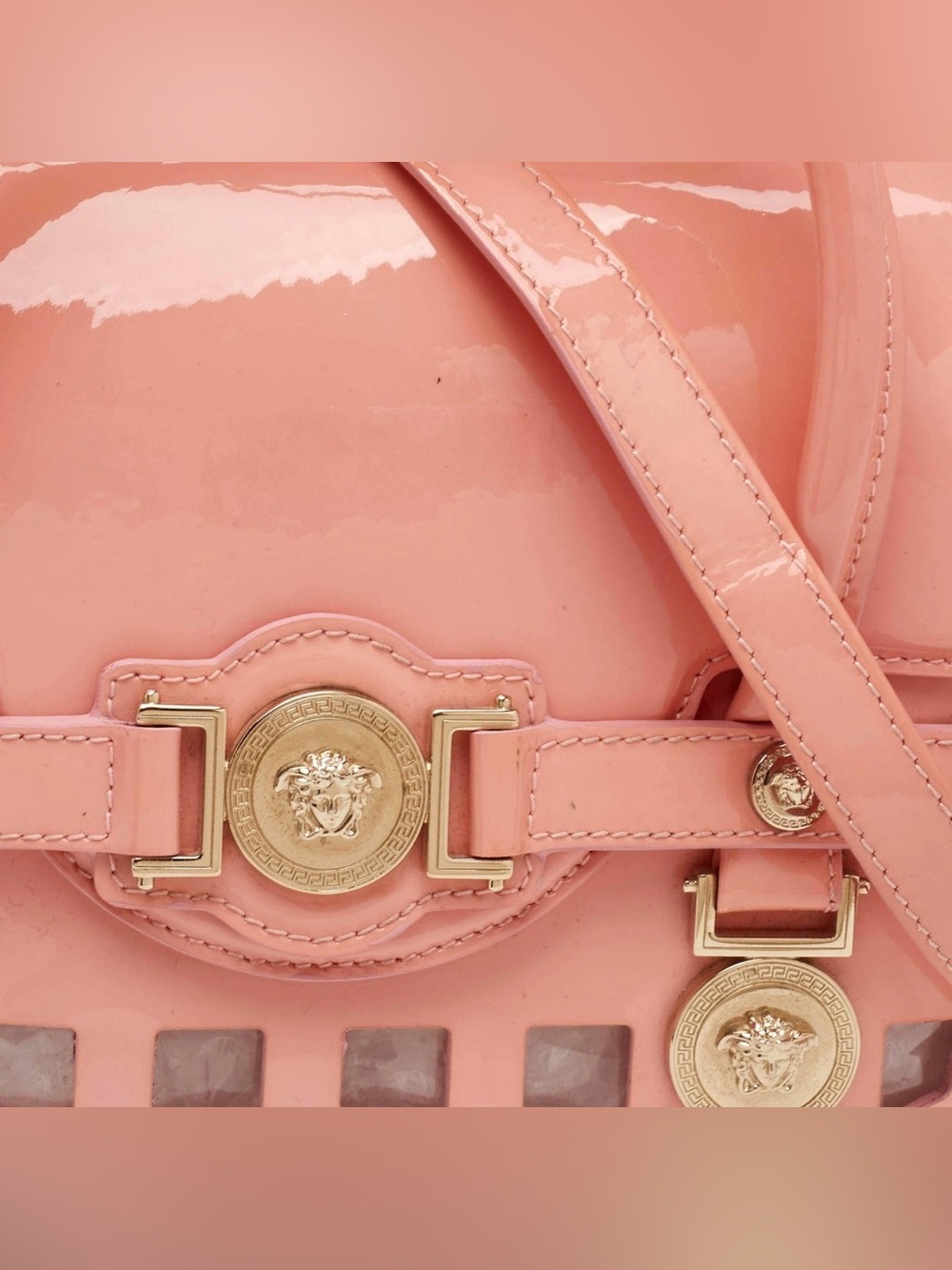 Versace Pink Patent Leather Medusa Cutout Satchel Crossbody Bag Golden Hardware - Picture 6 of 16